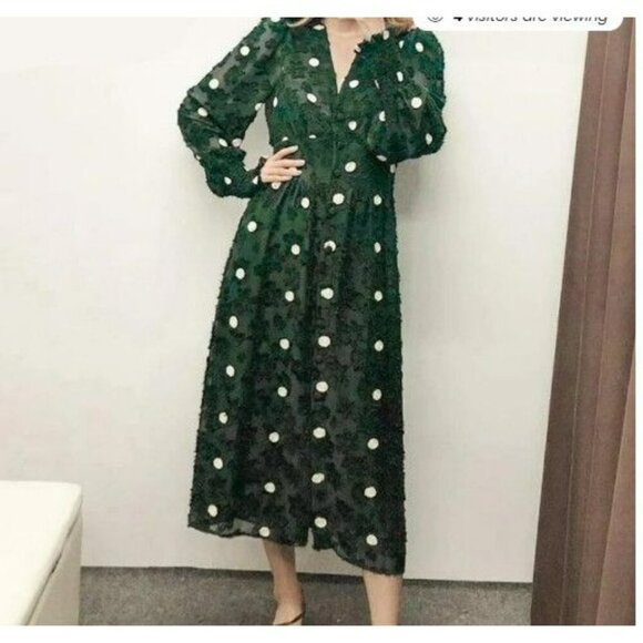 Zara Emerald Green Sheer Textured Polka Dot Dress Medium Limited Edition - Picture 2 of 16